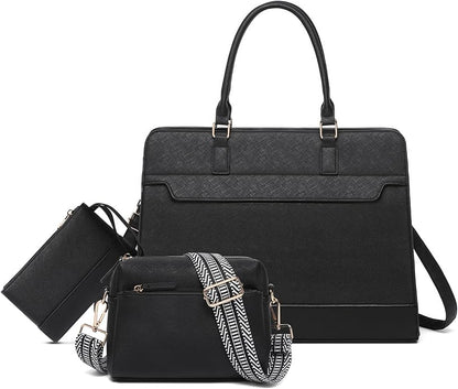 Laptop Bag for Women,3PCS Vegan Leather Tote Bag for Work with 2 Straps,Teacher Purse Office Handbag Computer Briefcase