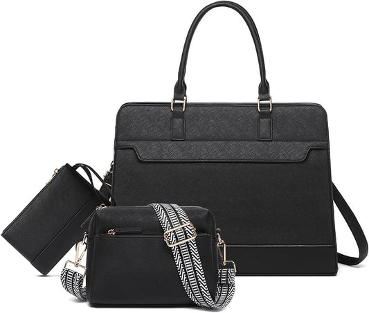 Laptop Bag for Women,3PCS Vegan Leather Tote Bag for Work with 2 Straps,Teacher Purse Office Handbag Computer Briefcase