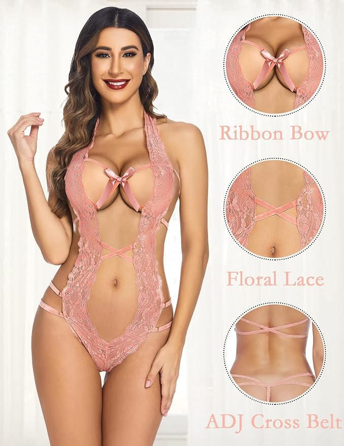 Women Deep V Halter Lingerie Teddy One Piece Bodysuit Lace Babydoll (Light Pink)