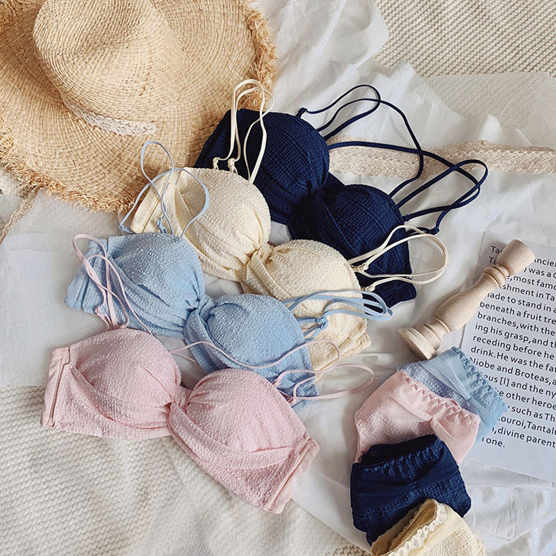 New For Women Yellow Blue Padded Straps Half Cup Bras Cotton Panties Push Up Bra Set Sexy Lingerie Set Underwear