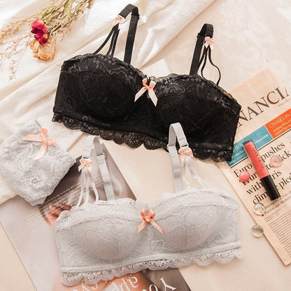 Women Purple Lingerie Lace Ruffle Straps Bralette Bow Soft Trim Padded Panties Push Up Wireless A B Bra Sets