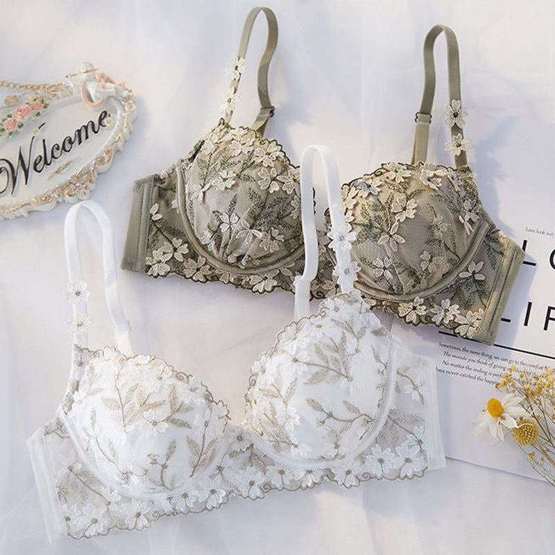 Women Lingerie Lace Ruffle Straps Bralette Soft Trim Padded Panties Push Up Wireless Bra Sets A B Embroidery