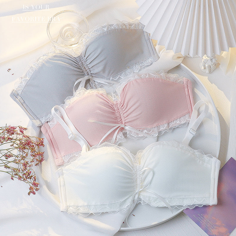 Fashion Women Gray Pink Sexy Lingerie Bow Bralette Cotton Panties Cross Straps Push Up Wireless Bra Sets Underwear