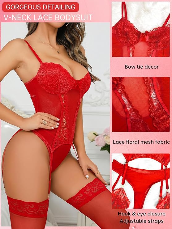 Women's  Lingerie Set with  Belt Lace Bodysuit Teddy Baby Dolls Panty with Stockings