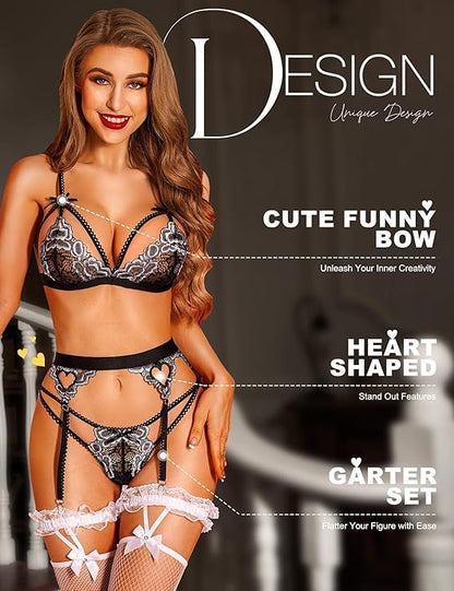 Women Lingerie Sets with Belt 3 Piece Lace Teddy Babydoll Bodysuit (Black And Silver)