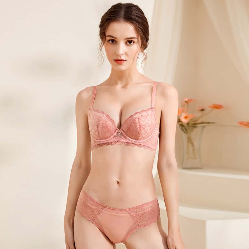 Women Pink Blue Lingerie Lace Bralette Soft Trim Padded Panties Push Up B C D Plus Size Wireless Bra Sets