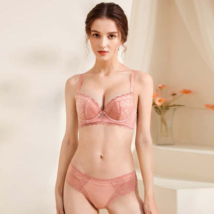 Women Pink Blue Lingerie Lace Bralette Soft Trim Padded Panties Push Up B C D Plus Size Wireless Bra Sets