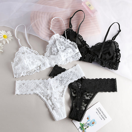 Women Sexy Lace Hollow Bra Suit Seamless Transparent Wire Free Bras Thin G String Panty Lingerie Set Unlined Bralette Set