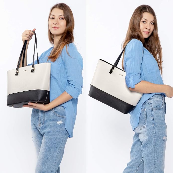 Handbags for Women Shoulder Bags Tote Satchel Hobo 3pcs Purse Set Black-Beige