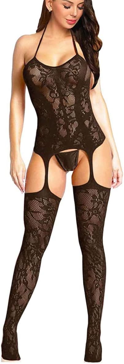 Womens Fishnet Bodystocking Plus Size Crotchless Bodysuit  Tights Soft Nightwear Lingerie