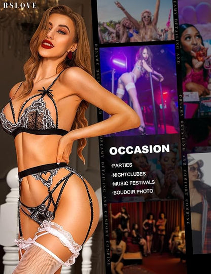 Women Lingerie Sets with Belt 3 Piece Lace Teddy Babydoll Bodysuit (Black And Silver)