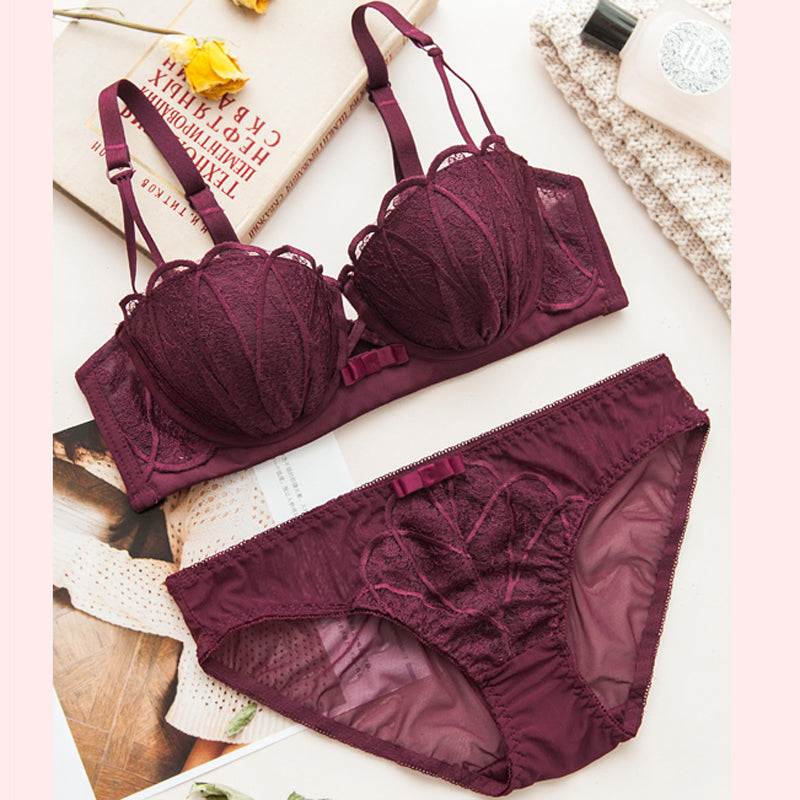 Women Red Lace Trim Mesh Padded Bras Bralette Hollow Cotton Panties Push Up Sexy Lingerie Sets Underwear