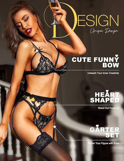 Women Lingerie Sets with Belt 3 Piece Lace Teddy Babydoll Bodysuit