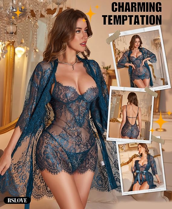 Lingerie Sets for Women  - 3 Piece Babydoll Lace Kimono Robe Chemise Nightwear Exotic Sleepwear Mesh Nightgown