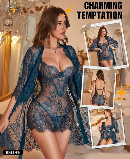 Lingerie Sets for Women  - 3 Piece Babydoll Lace Kimono Robe Chemise Nightwear Exotic Sleepwear Mesh Nightgown
