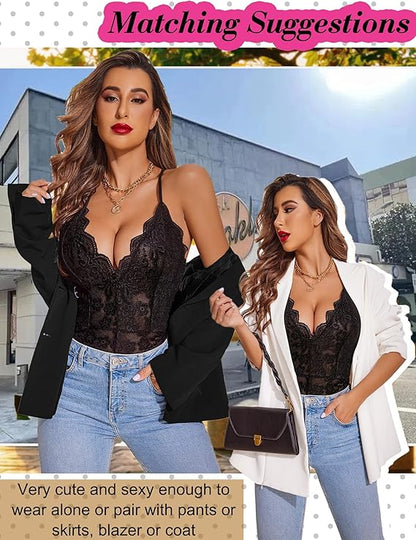 Women One Piece Lingerie Deep V Teddy  Lace Bodysuit Snap Crotch Babydoll