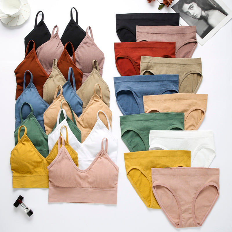 Sexy Seamless Tops Set Low-waist Panties Women Wireless Underwear Suit Soft Padded Bras Set Backless Bralette Lingerie