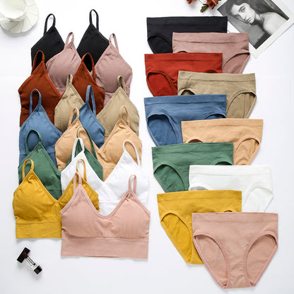 Sexy Seamless Tops Set Low-waist Panties Women Wireless Underwear Suit Soft Padded Bras Set Backless Bralette Lingerie