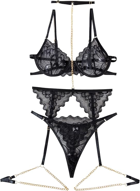 Choker Floral Lace Scallop Sheer Underwire Push Up Belt Lingerie Set 3 Piece (Black)