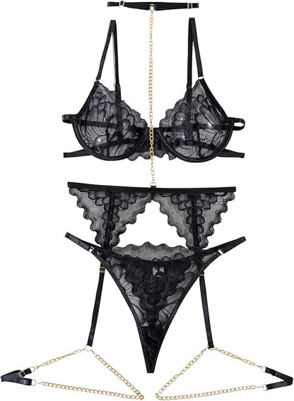 Choker Floral Lace Scallop Sheer Underwire Push Up Belt Lingerie Set 3 Piece (Black)