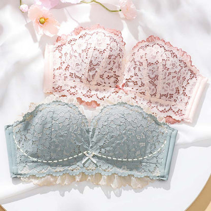 Women Pink Sexy Lingerie Sets Wireless Lace Cotton Panties Padded Bras Push Up Bra Sets Underwear A B