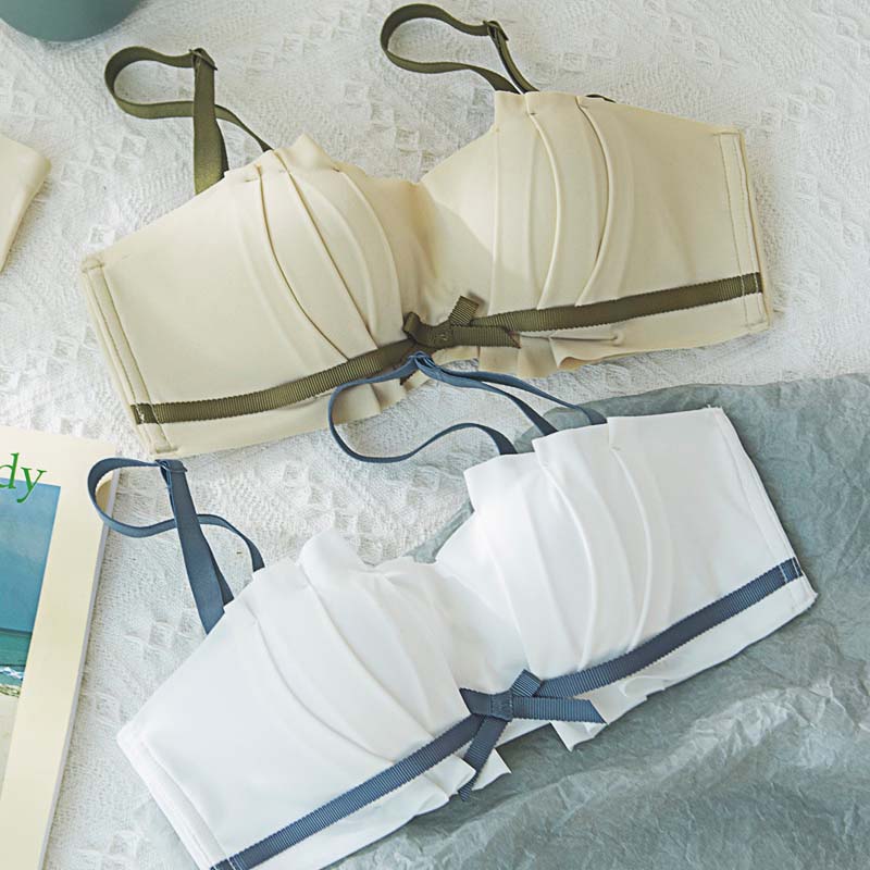 Fashion Women Yellow Sexy Lingerie Lace Bow Bralette Invisible Cotton Panties Padded Wireless Bra Sets Lingerie A B