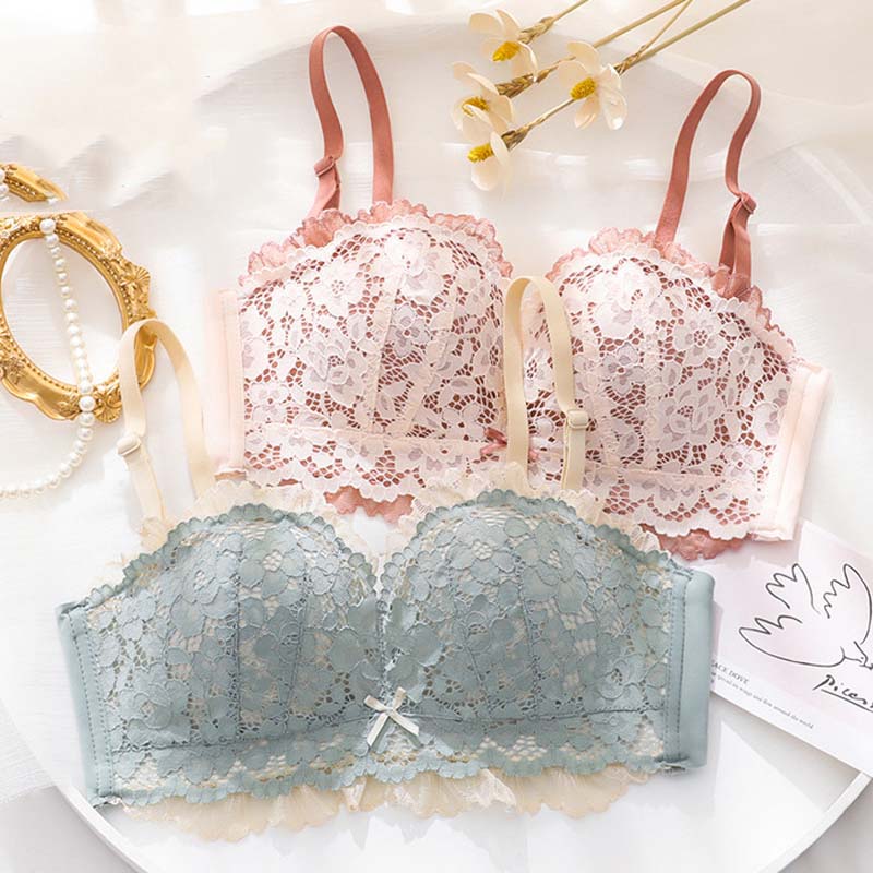 Women Pink Sexy Lingerie Sets Wireless Lace Cotton Panties Padded Bras Push Up Bra Sets Underwear A B
