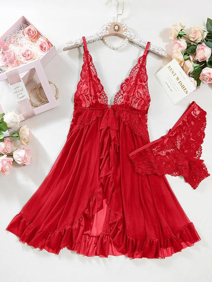Open Front V Neck Ruffle Sheer Mesh Lace Wireless Babydoll Lingerie Dress with 2 Piece (Red)