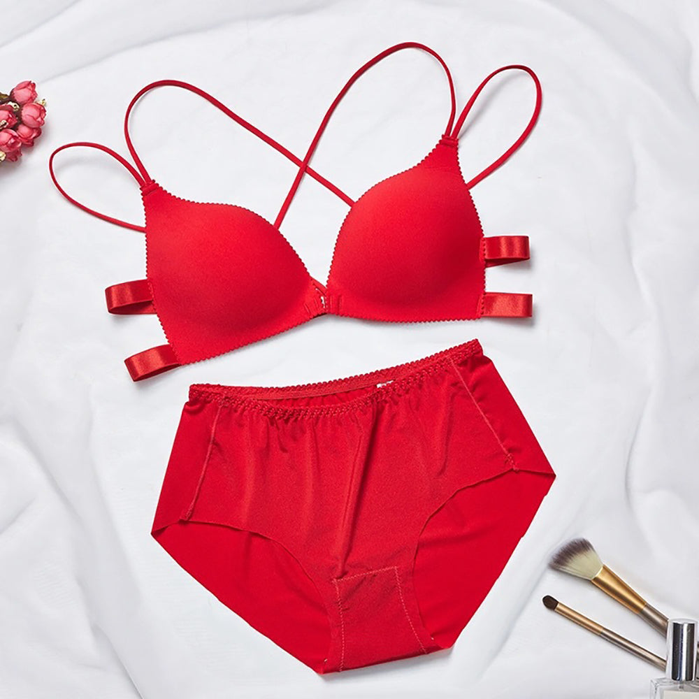 Push Up Bras Sexy Cross Beauty Back Lingerie Set Wire Free Thin Seamless Bra Set Front Buckle Underwear Women Wing Pad Bralette