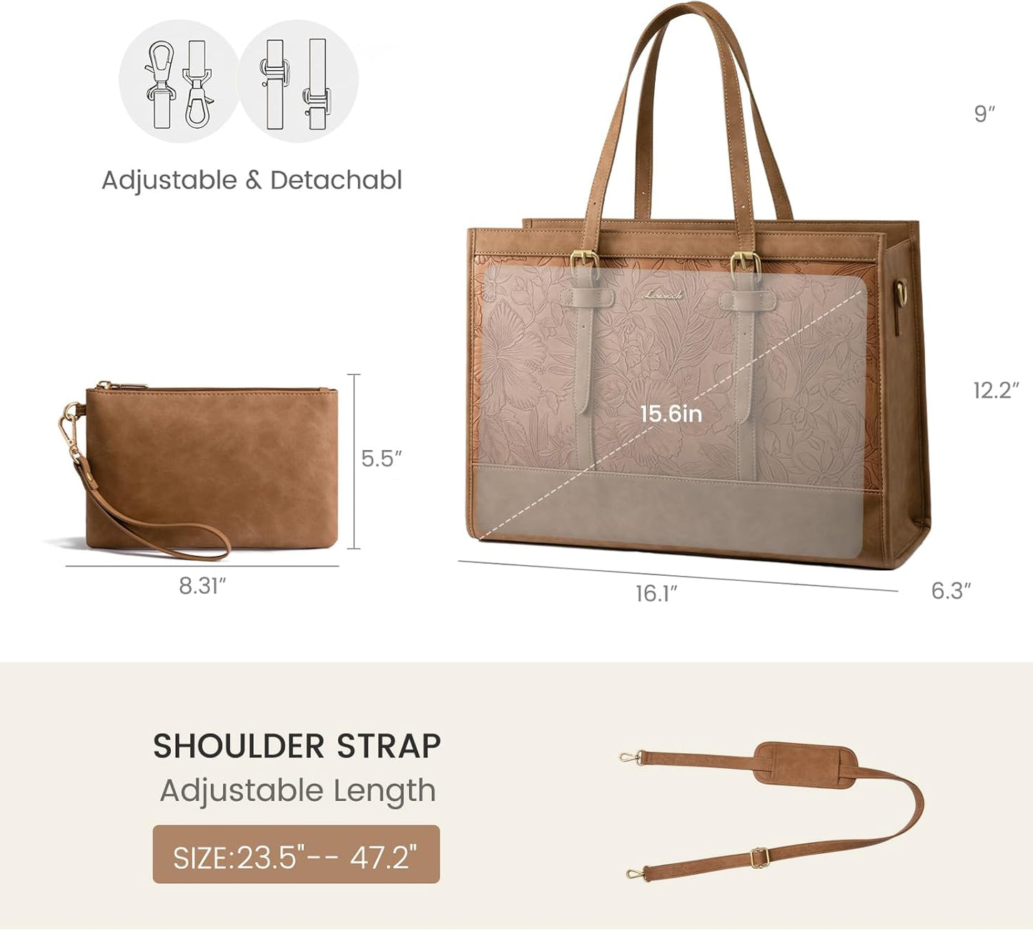 Tote Bag for Women,15.6 Inch Vintage Laptop Bag with Clutch Purse, Large Capacity Leather Work Bag, Computer Bag Office Business Briefcase, Casual Handbag for Travel College Teacher