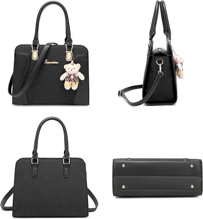 Women's Fashion Handbag Tote Bag Shoulder Top Handle Satchel Purse Set 4pcs  Stylish Style,Chain Texture Design,Ample Space,Bear Doll Decoration,with a Crossbody Strap