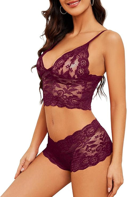 Sheer Floral Lace Pajamas Lingerie Set High Waist Sleepwear Bra and Panty 2 Piece Nightwear
