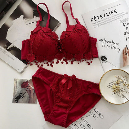 Students Girls Sweet Candy Color Underwear Set Women Korean Graceful Lace Heart Padded Push Up Bras Underpants Suit Lingerie Set
