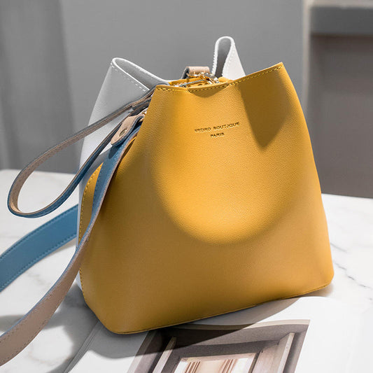 Lady Leather Contrast Colour Bucket Bag For Womens