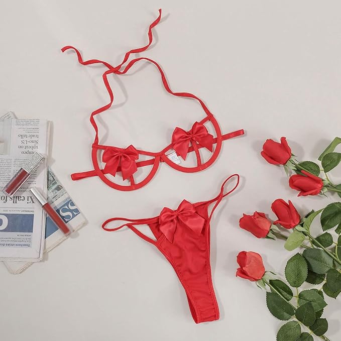 Womens Exotic Lingerie Sets, Bow Tie Hot Cute Teddy 2 Piece Lingerie Set