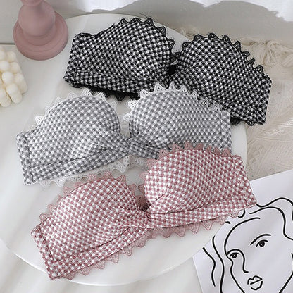New Women Gray Lace Adjustable Straps Bralette Panties Wireless Bra Set Underwear Sexy Lingerie Strapless Push Up