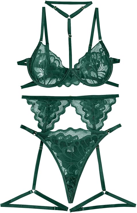 Choker Floral Lace Scallop Sheer Underwire Push Up Belt Lingerie Set 3 Piece