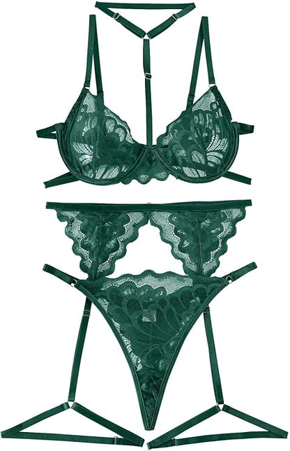 Choker Floral Lace Scallop Sheer Underwire Push Up Belt Lingerie Set 3 Piece