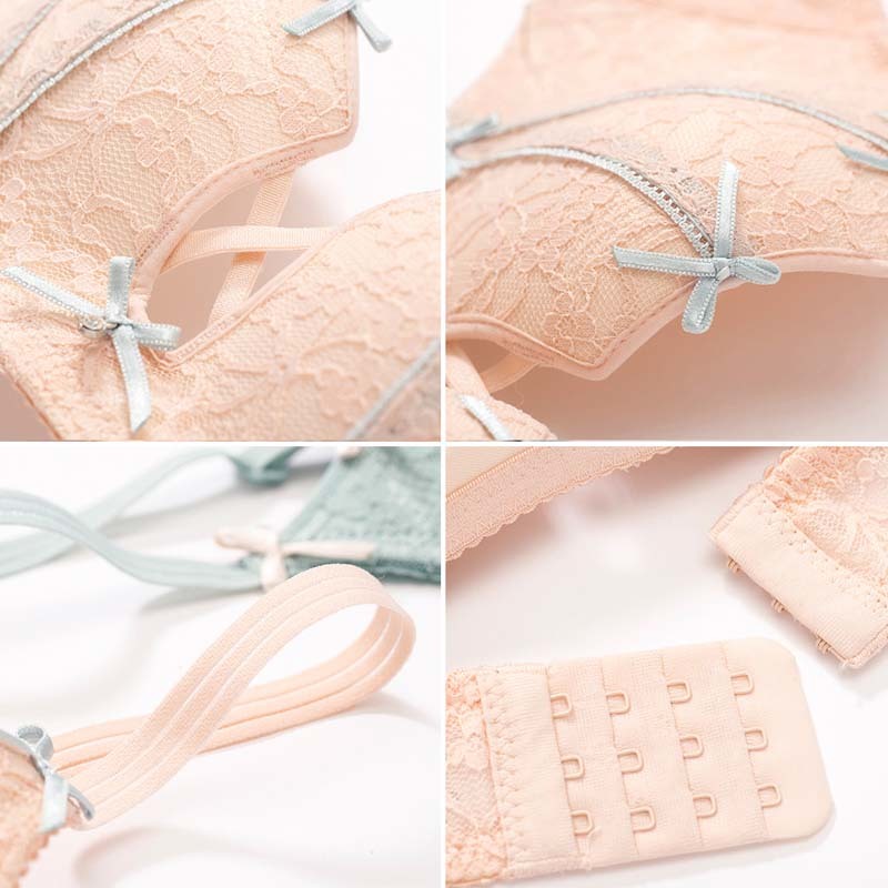 Women Green Padded Lace Trim Wireless Bow Bras Cotton Panties Push Up Bra Set Sexy Lingerie Set Underwear