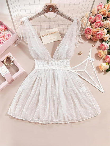 Polka Dots Mesh Sheer Lace Babydoll Chemise Lingerie Set Floral Sleep Wear