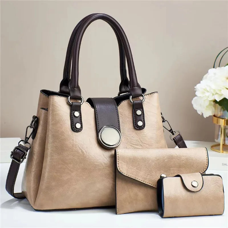Fashion Three Piece Set Casual Tote Bags Vintage Leather Luxury Handbags Brand Designer Large Capacity Shoulder Messenger Bag
