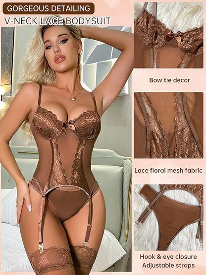 Women's  Lingerie Set with Belt Lace Bodysuit Teddy Baby Dolls Panty with Stockings