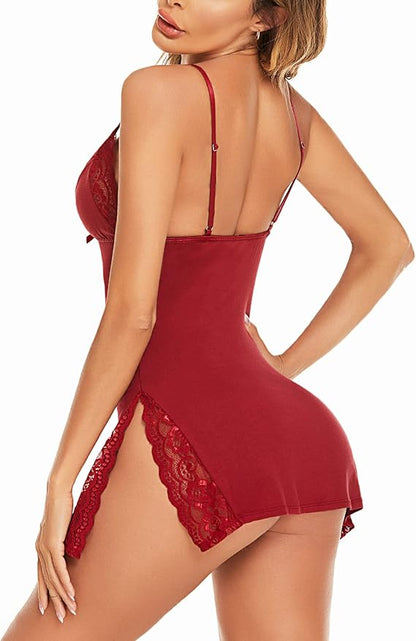 Women's Lingerie  Nightwear Spaghetti Strap Nightgown Babydoll (Wine Red)