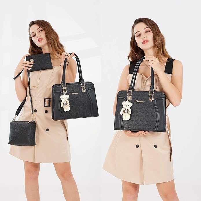 Women's Fashion Handbag Tote Bag Shoulder Top Handle Satchel Purse Set 4pcs  Stylish Style,Chain Texture Design,Ample Space,Bear Doll Decoration,with a Crossbody Strap