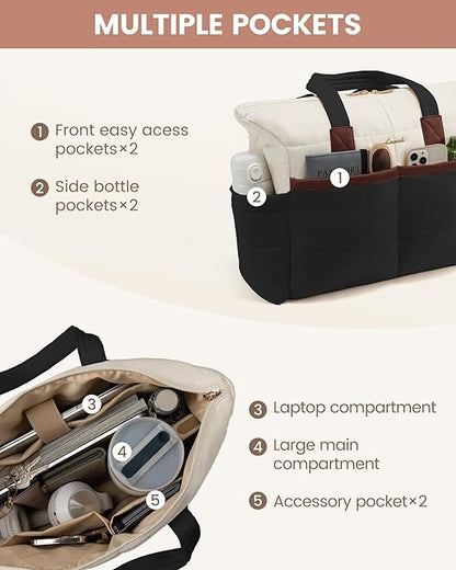 Tote Bag for Women,Light Puffer Tote Bag with Multi-pockets,Stylish Carry on Laptop Bags for Daily,Travel,Work,Gym