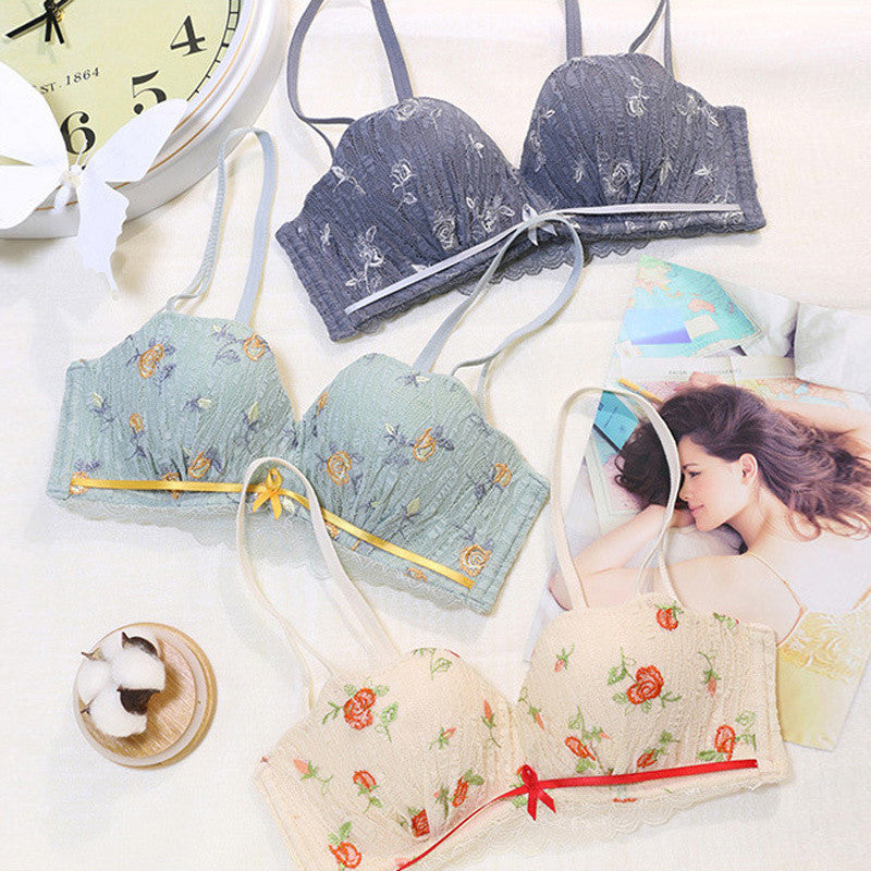 New For Women Blue Skin Sexy Lingerie Lace Cross Straps Cotton Panties Wireless Push Up Bra Sets Underwear