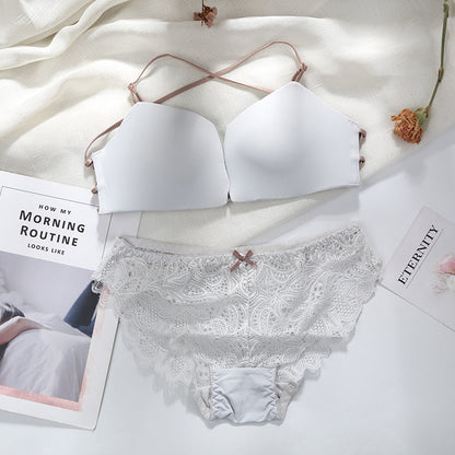 For Women Gray Wireless Bra Sets Lace Trim Lingerie Straps Cotton Panties Sexy Lingerie Sets Plus Size Backless