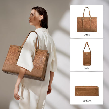 Tote Bag for Women,15.6 Inch Vintage Laptop Bag with Clutch Purse, Large Capacity Leather Work Bag, Computer Bag Office Business Briefcase, Casual Handbag for Travel College Teacher