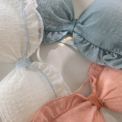 For Women Blue White Sexy Lingerie Bralette Lace Bow Cotton Panties Wireless Bra Sets Underwear A B Female Bras