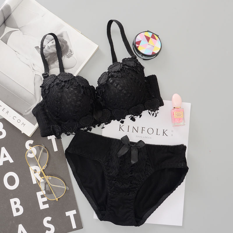 Students Girls Sweet Candy Color Underwear Set Women Korean Graceful Lace Heart Padded Push Up Bras Underpants Suit Lingerie Set